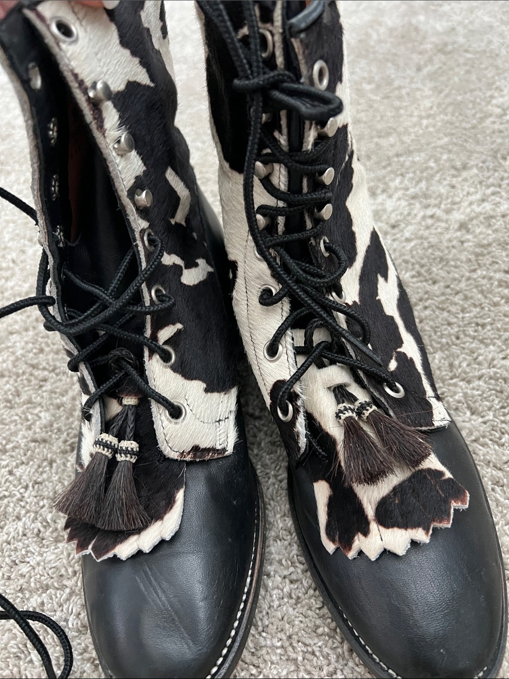 Larry Mahan Black and White Cowhide Lace-Up Tassel Boots| EXQUISITE‼ - Picture 2 of 12